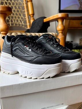 Fila Black Leather Platform Sneakers with White Thick Sole and Red Accents